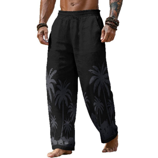 Herren Lässige weite Leinenhose mit elastischem Bund und tonalem Palmenprint Shop Nory