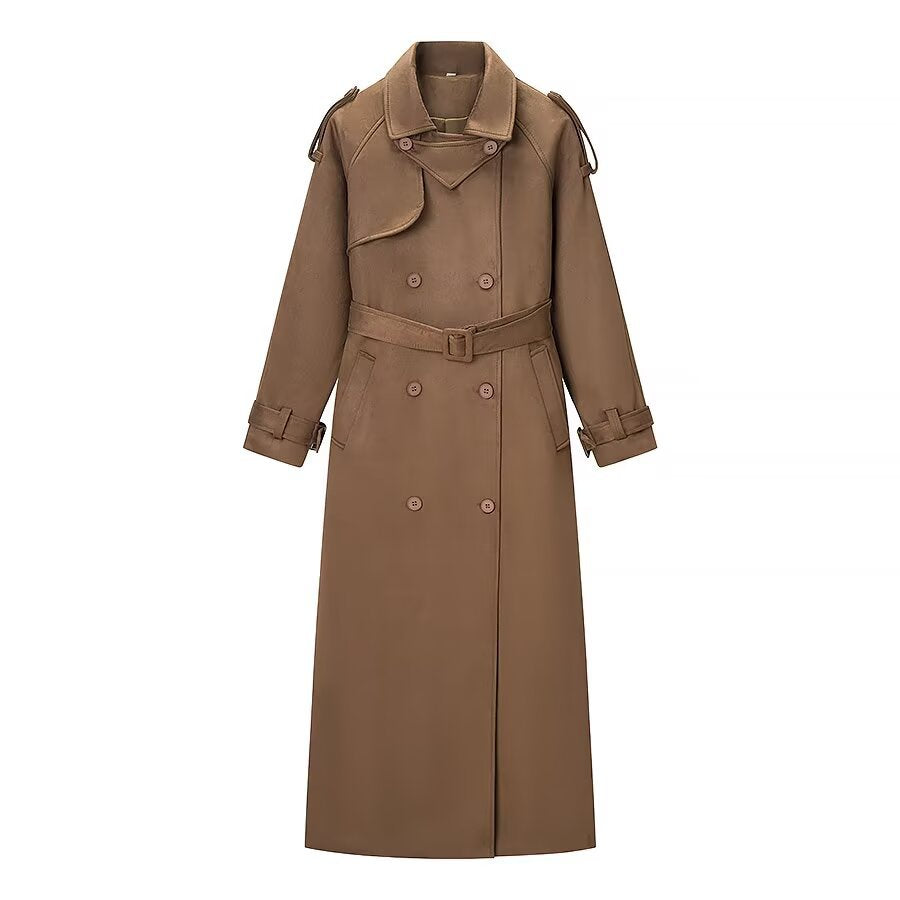 Damen Eleganter langer Taillentrenchcoat mit doppelreihiger Knopfleiste und ausgestelltem Saum Shop Nory