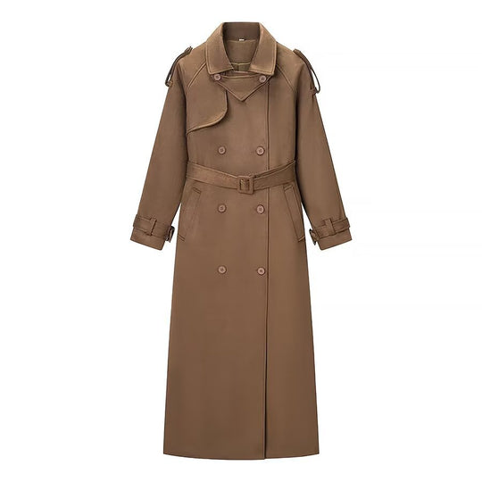 Damen Eleganter langer Taillentrenchcoat mit doppelreihiger Knopfleiste und ausgestelltem Saum Shop Nory