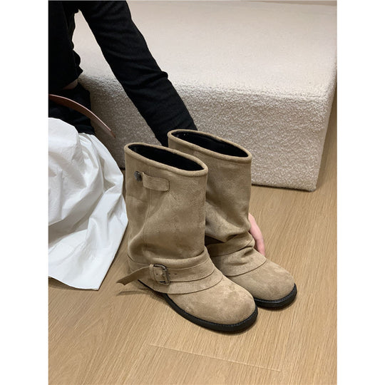Damen Slouchy Bikerstiefeletten mit verstellbarem Schnallenriemen und runder Zehenform Shop Nory