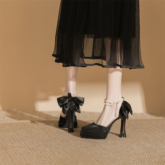 Damen Satin-Plateau-Pumps mit dekorativer Schleife und verstellbarem Knöchelriemen Shop Nory