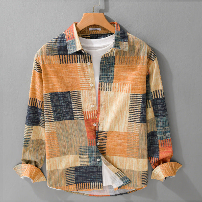 Herren Gemustertes Langarm-Hemd im Patchwork-Look aus leichtem Baumwollmix Relaxed Fit Shop Nory