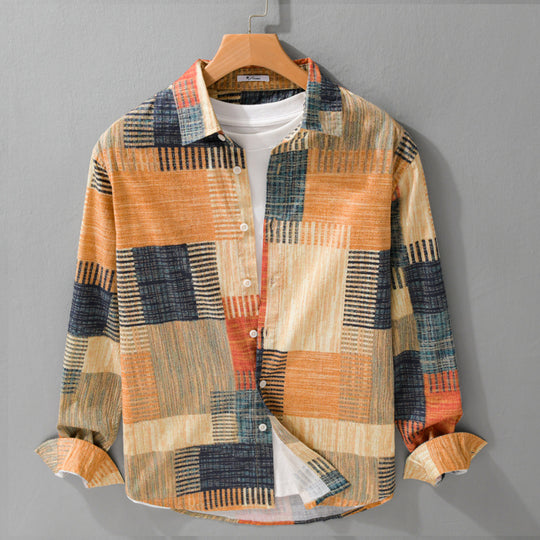 Herren Gemustertes Langarm-Hemd im Patchwork-Look aus leichtem Baumwollmix Relaxed Fit Shop Nory