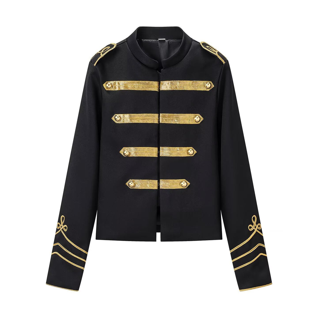 Damen Militärinspirierte Kurzjacke mit Stehkragen und goldenen Zierstreifen Shop Nory