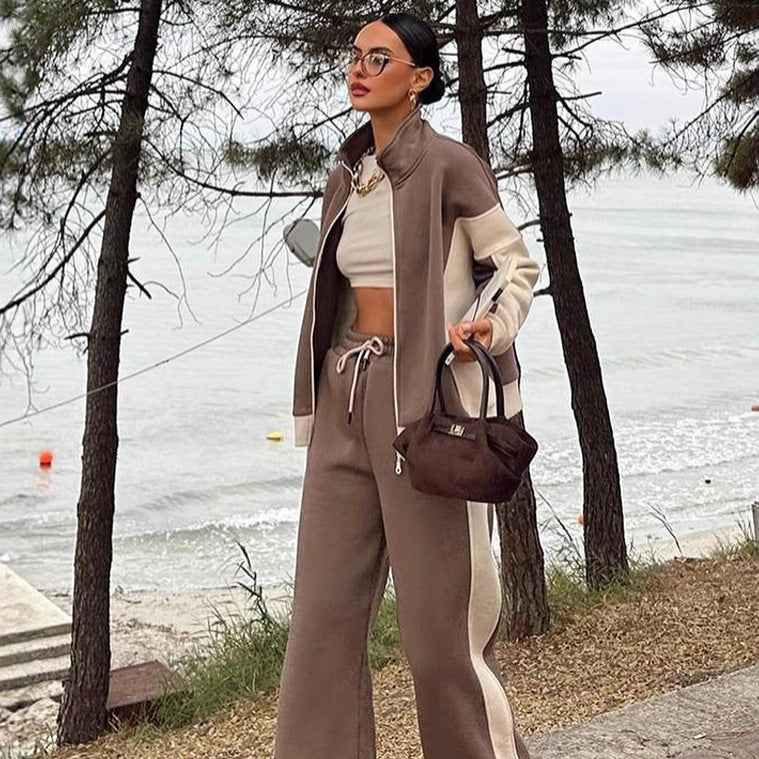 Damen sportliches Set mit hochgeschlossenem Kragen und weitem Hosenbein Shopnory