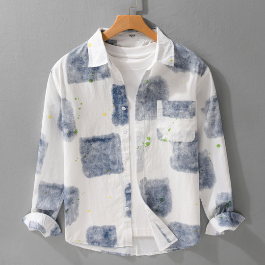 Herren Leichtes Baumwollhemd Relaxed‑Fit mit künstlerischem Sprenkel‑ und Aquarellpatch-Print Shop Nory