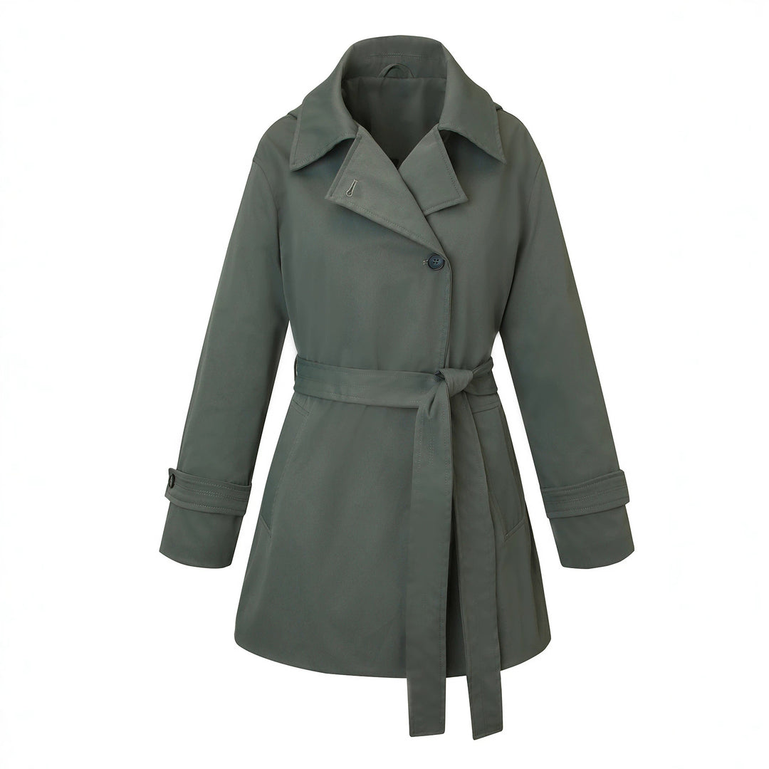 Damen Kurztrenchcoat mit tailliertem Bindegürtel und weitem Revers Shop Nory