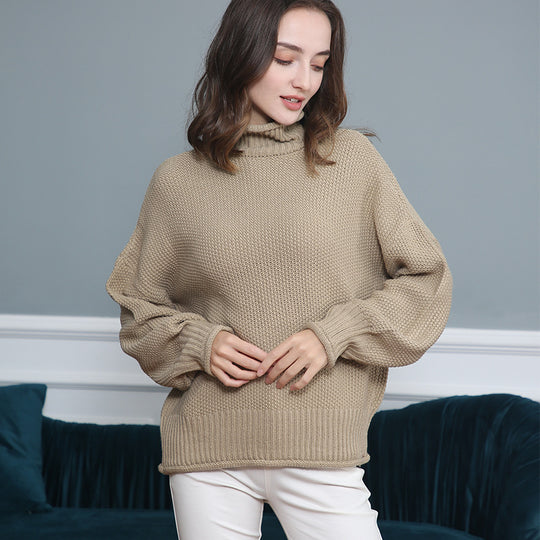 Damen Grobgestrickter Rollkragenpullover mit Ballonärmeln Shop Nory