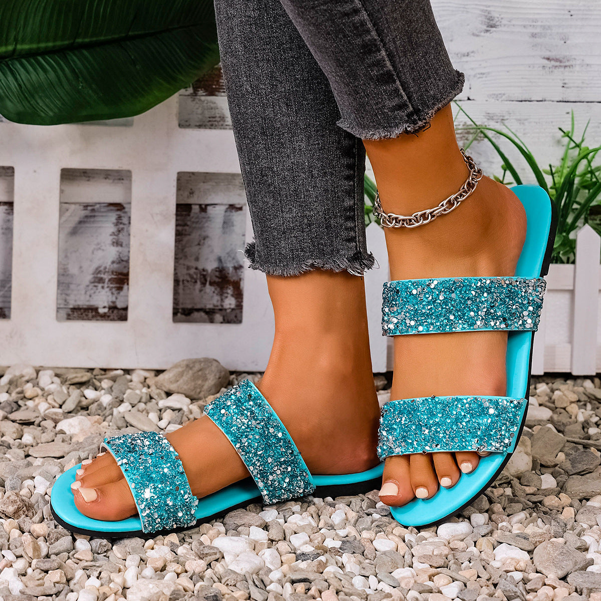 Damen Glitzernde Schlamper-Sandalen mit breiten Riemen Shopnory