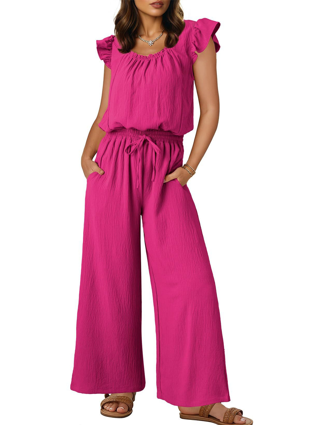 Damen Crinkle-Overall mit weitem Bein, elastischem Taillenbund und Rüschenärmeln Shop Nory