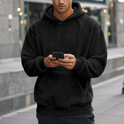 Herren Hoodie aus kuscheligem Teddy-Fleece mit Kängurutasche und breiten Bündchen