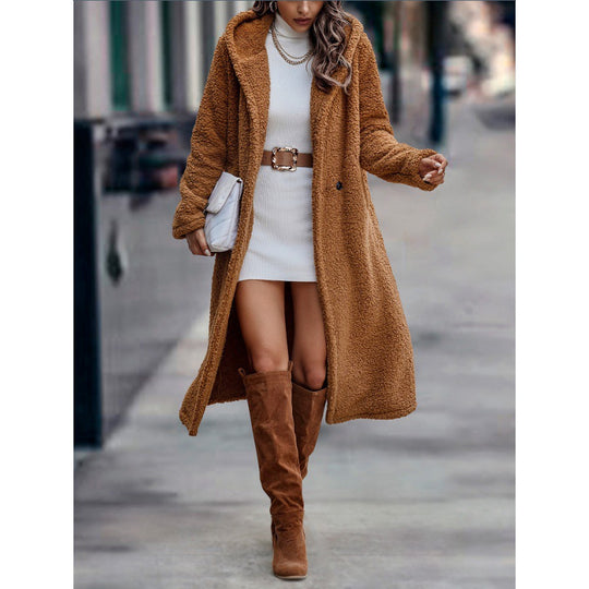 Damen Maxilanger Teddy-Mantel mit Kapuze und doppelter Knopfleiste Shop Nory