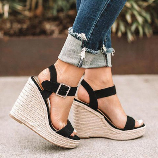 Damen Espadrille-Keilabsatz Sandaletten mit geflochtenem Plateau und verstellbarem Schnallenriemen Shop Nory