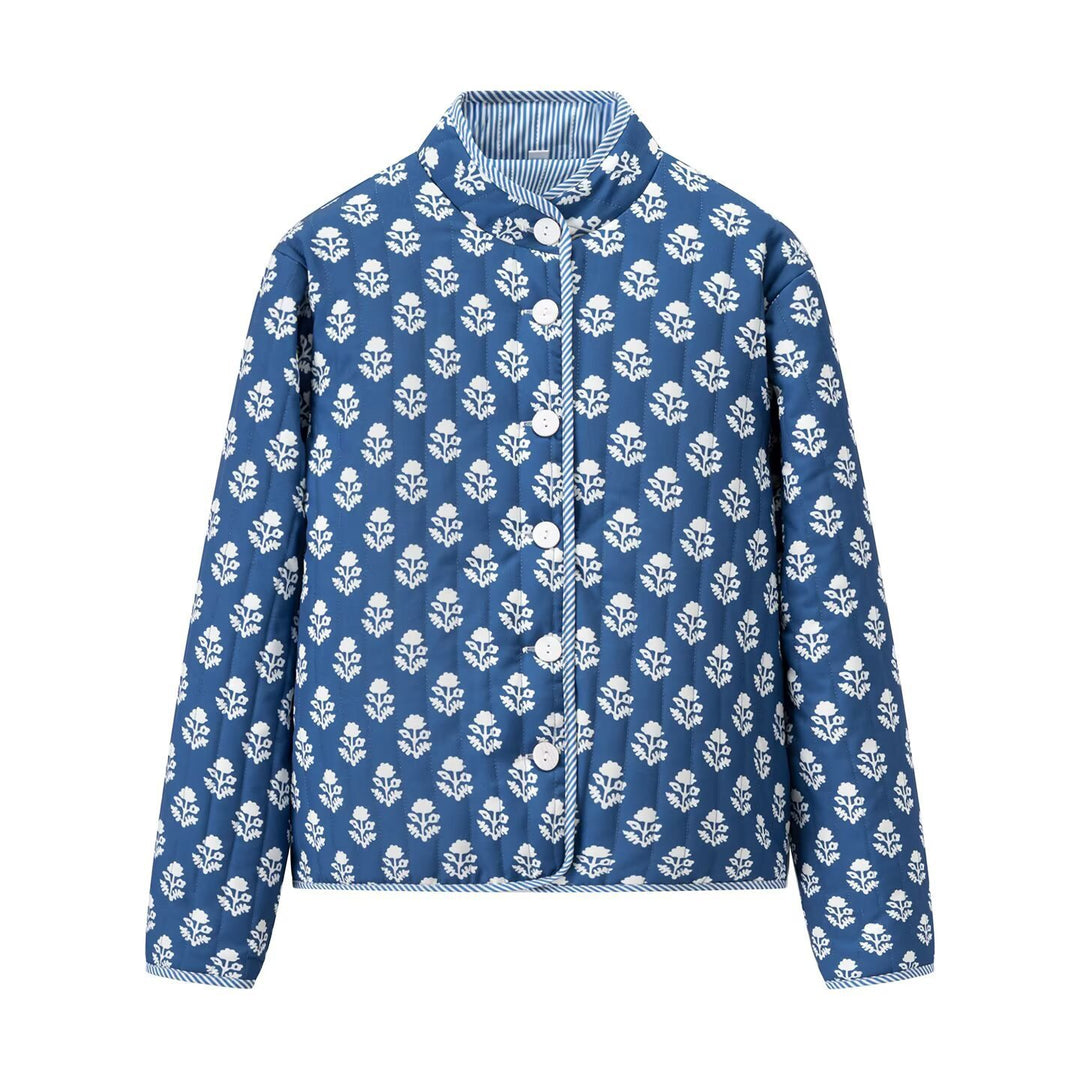 Damen Leichte bedruckte Baumwolljacke mit Stehkragen und gestreiften Manschetten Shop Nory