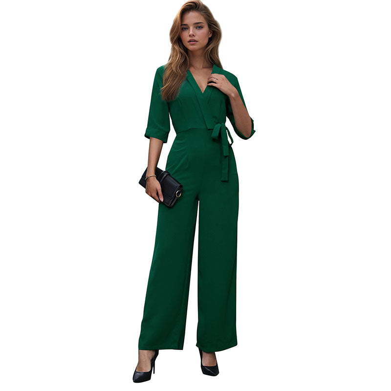 Damen Eleganter V‑Ausschnitt Jumpsuit mit Taillenband und Palazzo‑Bein Shop Nory