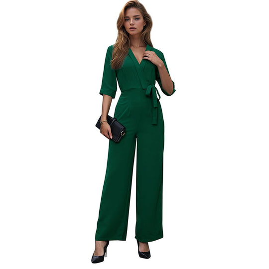 Damen Eleganter V‑Ausschnitt Jumpsuit mit Taillenband und Palazzo‑Bein Shop Nory