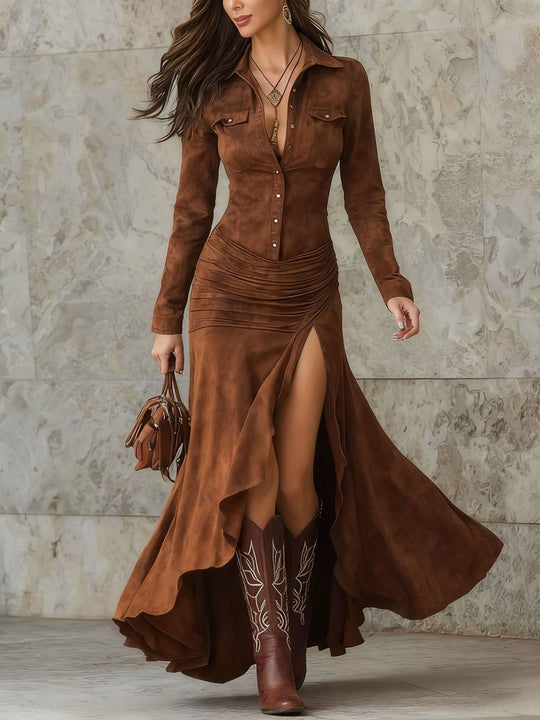 Damen Langes Hemdkleid im Wildleder‑Look mit Raffung, asymmetrischem Volant‑Saum und hohem Beinschlitz Shop Nory