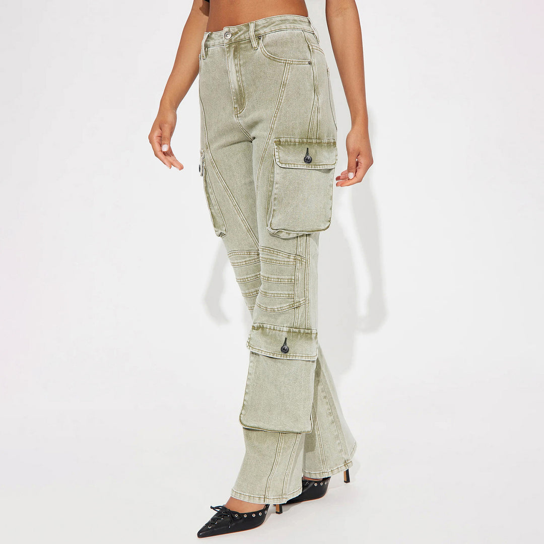 Damen High-Waist Cargo-Denimhose mit weitem Bein, Mehrfachtaschen und Used‑Details Shop Nory