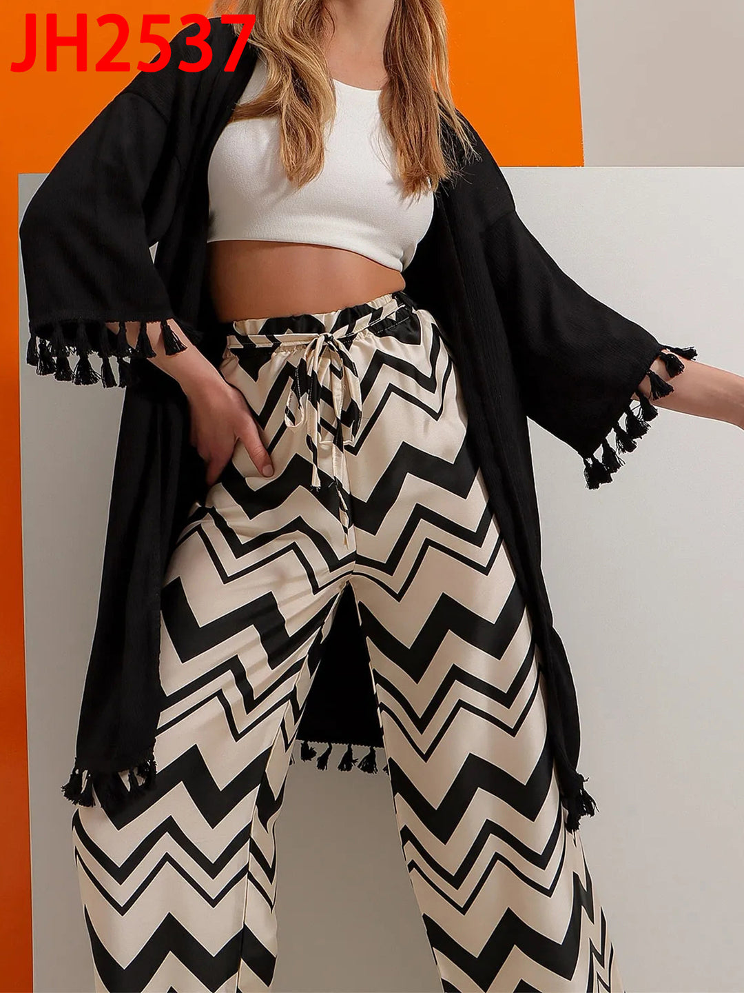 Damen Weite Satin-Hose mit Zickzack-Print, hohem elastischem Bund und Bindegürtel Shop Nory