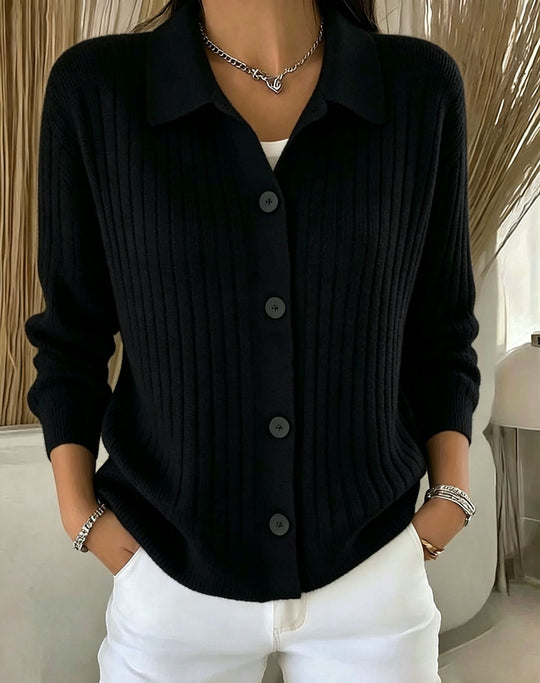 Damen Feiner gerippter Knopf‑Cardigan mit Hemdkragen und kastiger Silhouette Shop Nory
