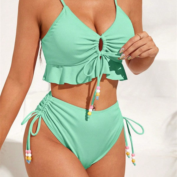 Damen Zweiteiliges Bikiniset mit gerafftem Oberteil und dekorativen Zierbändern