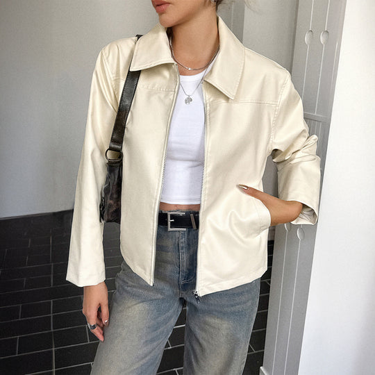 Damen nan elegante Kunstlederjacke mit Reißverschluss, Hemdkragen und Eingrifftaschen Shop Nory