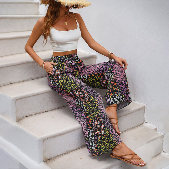Damen Weite High-Waist Palazzo-Hose mit floralem Patchworkprint, Tunnelzug und Seitentaschen Shop Nory