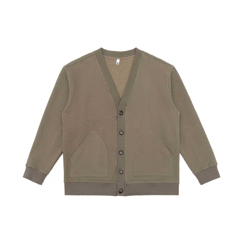 Unisex Oversize Waffelstrick-Cardigan mit V-Ausschnitt, Knopfleiste und aufgesetzten Taschen Shop Nory
