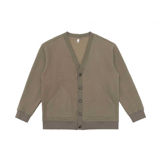 Unisex Oversize Waffelstrick-Cardigan mit V-Ausschnitt, Knopfleiste und aufgesetzten Taschen Shop Nory