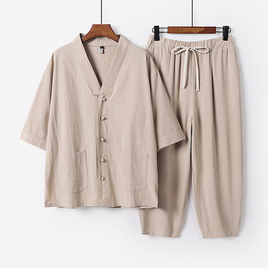 Unisex Leichtes Kimono-Lounge-Set aus Baumwoll-Leinen mit Kurzarmjacke und Kordelbund-Hose Shop Nory