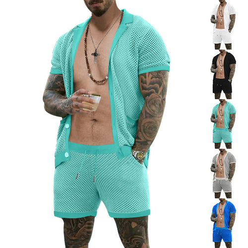 Herren nan offener Netzstrick-Cardigan mit passenden Kordelzug-Shorts
