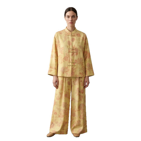 Damen Zweiteiliges Jacquard-Set mit Mandarin-Kragen und weit geschnittener Hose Shop Nory