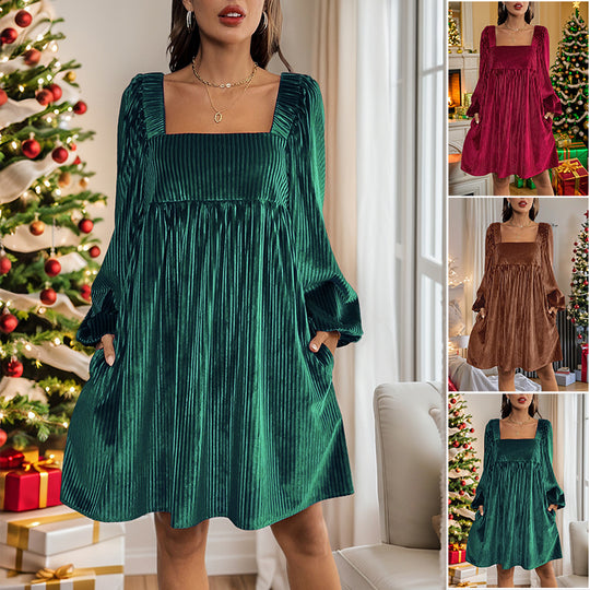 Damen Samtiges Plissee-Babydollkleid mit quadratischem Ausschnitt, Ballonärmeln und Eingrifftaschen Shop Nory