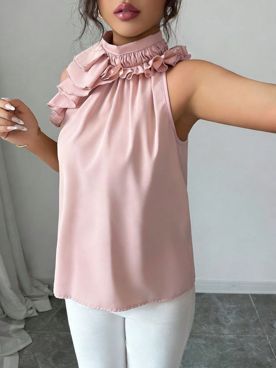 Damen Hochgeschlossenes Chiffon-Top mit Rüschenkragen und asymmetrischem Volant Shop Nory