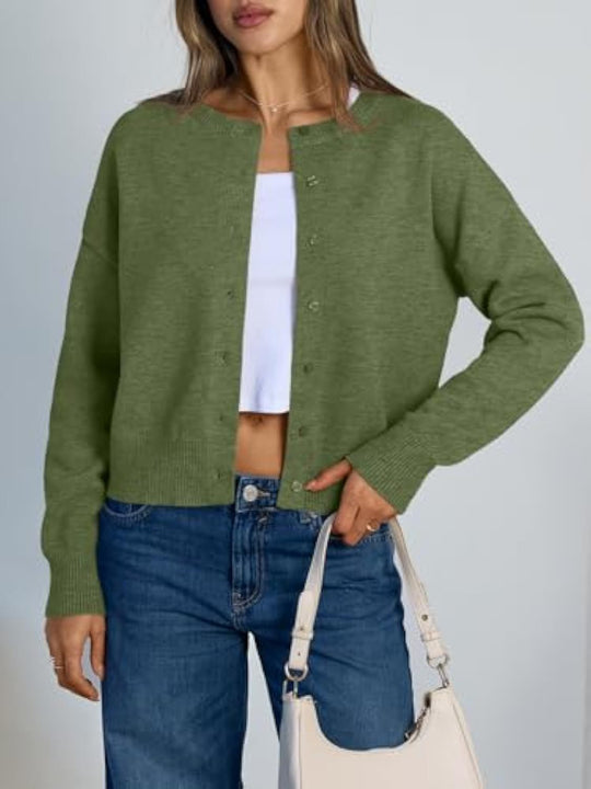 Damen Cropped Strickjacke im Boxy‑Schnitt mit Rundhals und Rippbündchen Shop Nory