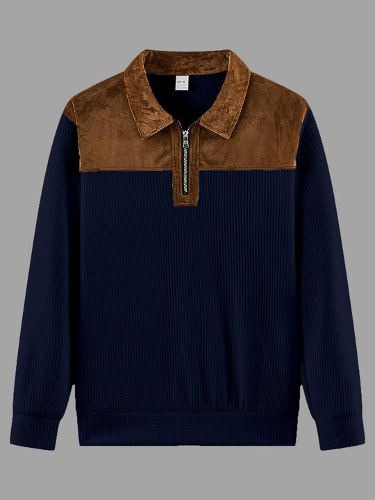 Unisex nan feinstrukturierter Strickpullover mit halbem Reißverschlusskragen und Samtbesatz Shop Nory