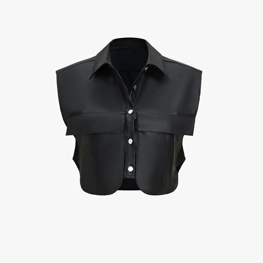 Damen Kurze ärmellose Kunstleder-Weste mit Oversize-Schultern Shop Nory