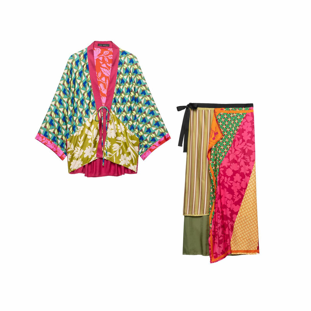 Damen Gemusterter Seiden-Kimono mit Bindegürtel und weitem Fledermausärmel Shop Nory