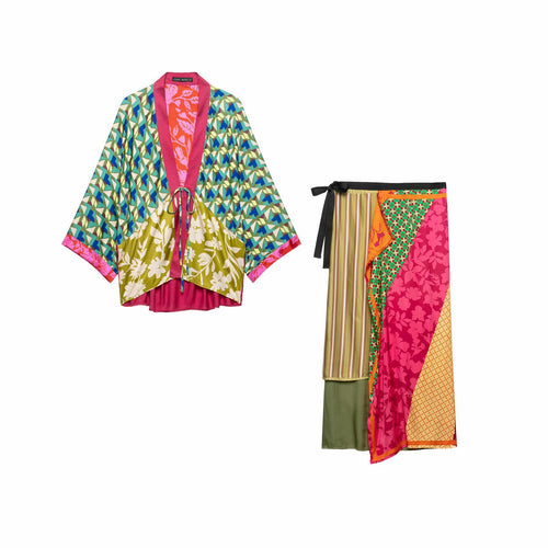 Damen Gemusterter Seiden-Kimono mit Bindegürtel und weitem Fledermausärmel Shop Nory