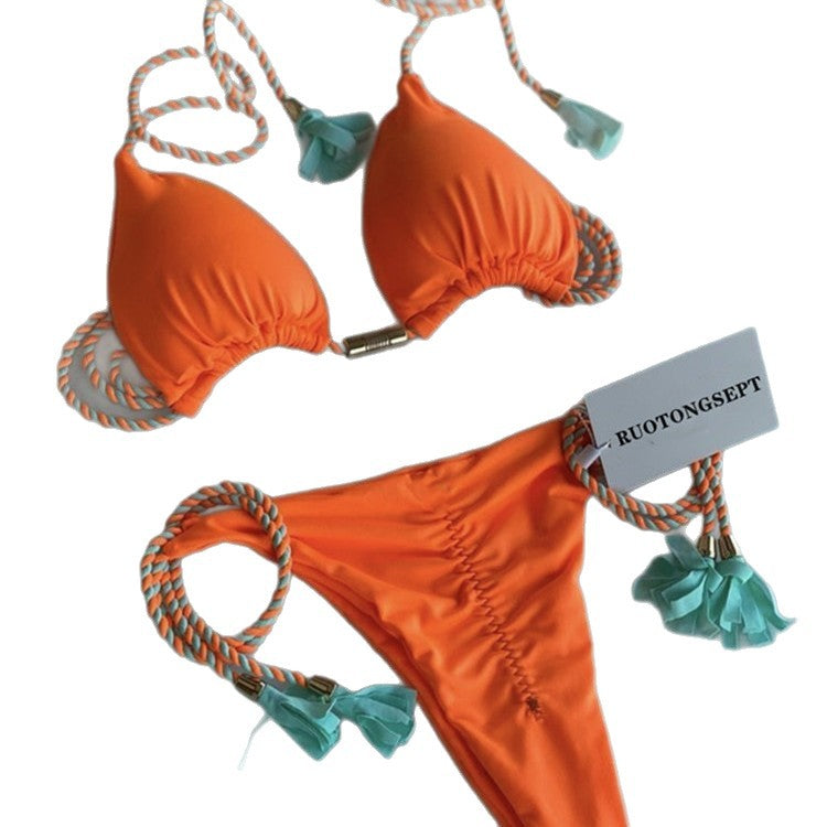 Damen Triangel-Bikini mit modischem Leopardenmuster und dekorativen Quasten