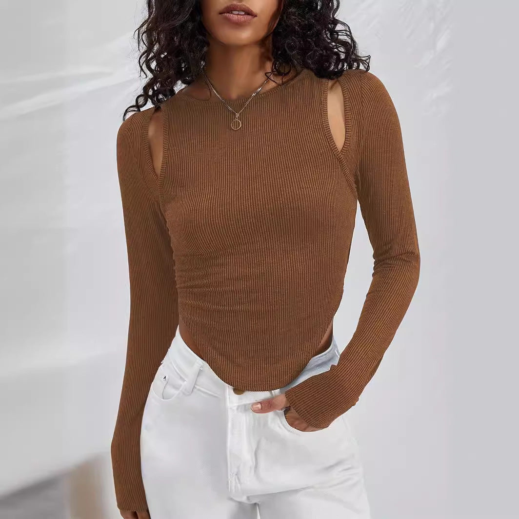 Damen Langarmshirt mit asymmetrischem Cut-Out und Rippstruktur