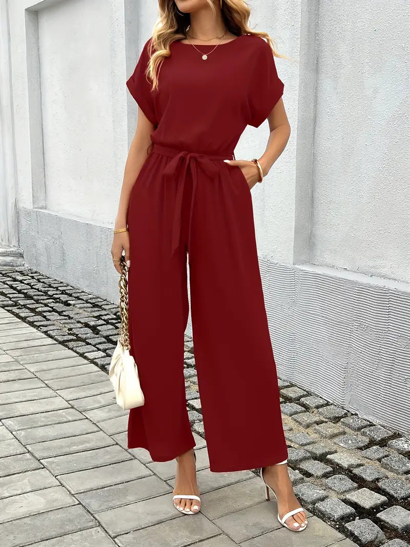 Damen Eleganter Jumpsuit mit weitem Bein und Taillenknoten ShopNory