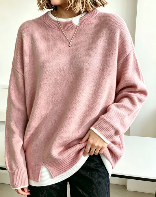 Damen Oversize Rundhals-Feinstrickpullover mit überschnittenen Schultern und Seitenschlitzen Shop Nory