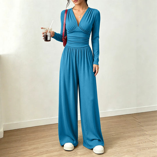 Damen Eleganter V‑Ausschnitt Jumpsuit mit tailliertem Wickelbund und weitem Hosenbein Shop Nory