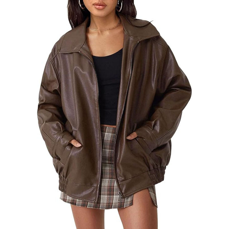 Damen Oversize Kunstleder Blouson mit Reißverschluss und elastischem Saum Shop Nory