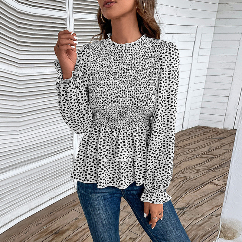 Damen Gesmoktes Chiffon-Blusenshirt mit Stufen-Peplum und Rüschenärmeln Shop Nory