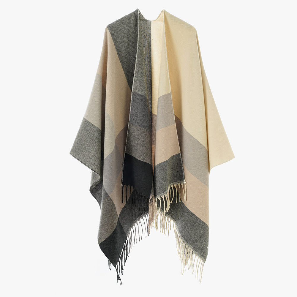 Damen Farbblock-Poncho aus Wollmix mit Fransensaum und asymmetrischem Schnitt Shop Nory