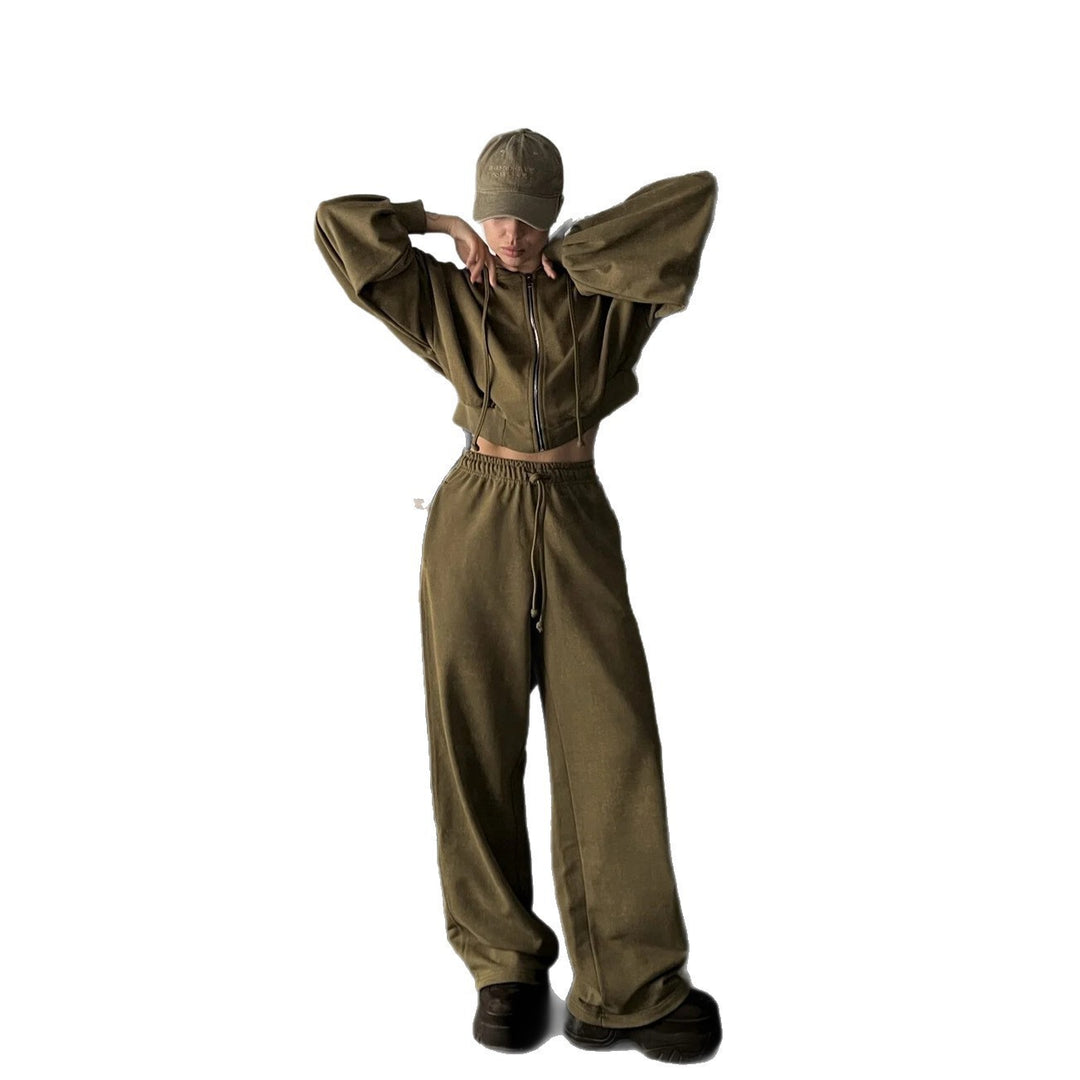 Damen kurzes Kapuzenzipper-Lounge-Set mit oversized Ärmeln und weitem Jogginghose-Schnitt Shop Nory