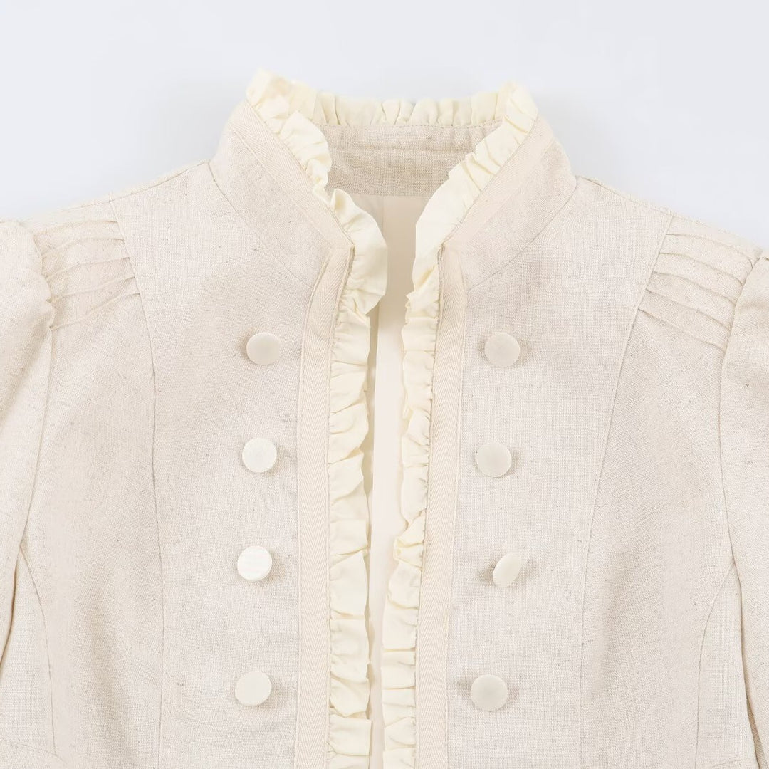 Damen Gekürzte taillierte Jacke mit Stehkragen Rüschenblende und Zierknöpfen Shop Nory