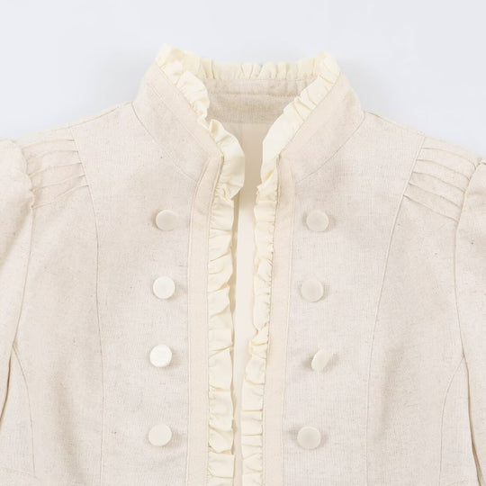 Damen Gekürzte taillierte Jacke mit Stehkragen Rüschenblende und Zierknöpfen Shop Nory